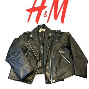 black faux leather jacket with a unicorn-print lining from H&M Size 6 Girls